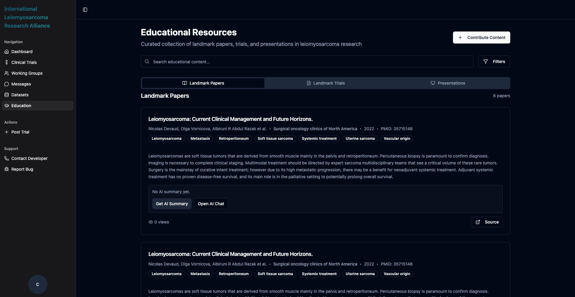 Screenshot of The National Leiomyosarcoma Foundation Research